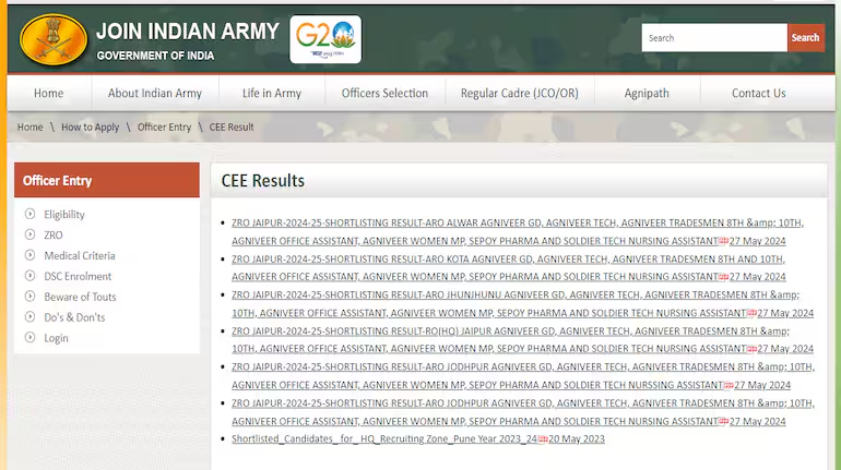 Army Agniveer CEE Result 2024